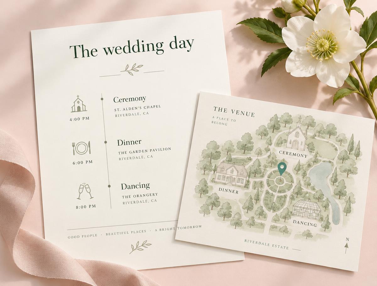 Illustration of a wedding day timeline with ceremony, dinner and dancing beside a venue map