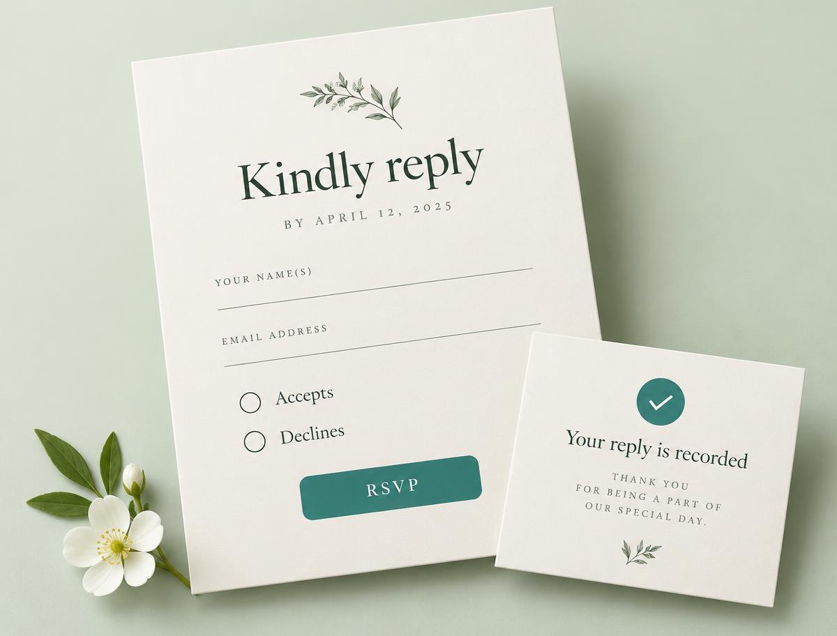 Illustration of an elegant online wedding RSVP form and reply confirmation