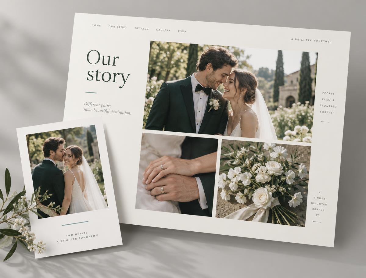 Illustration of a personalised wedding website story and photo gallery