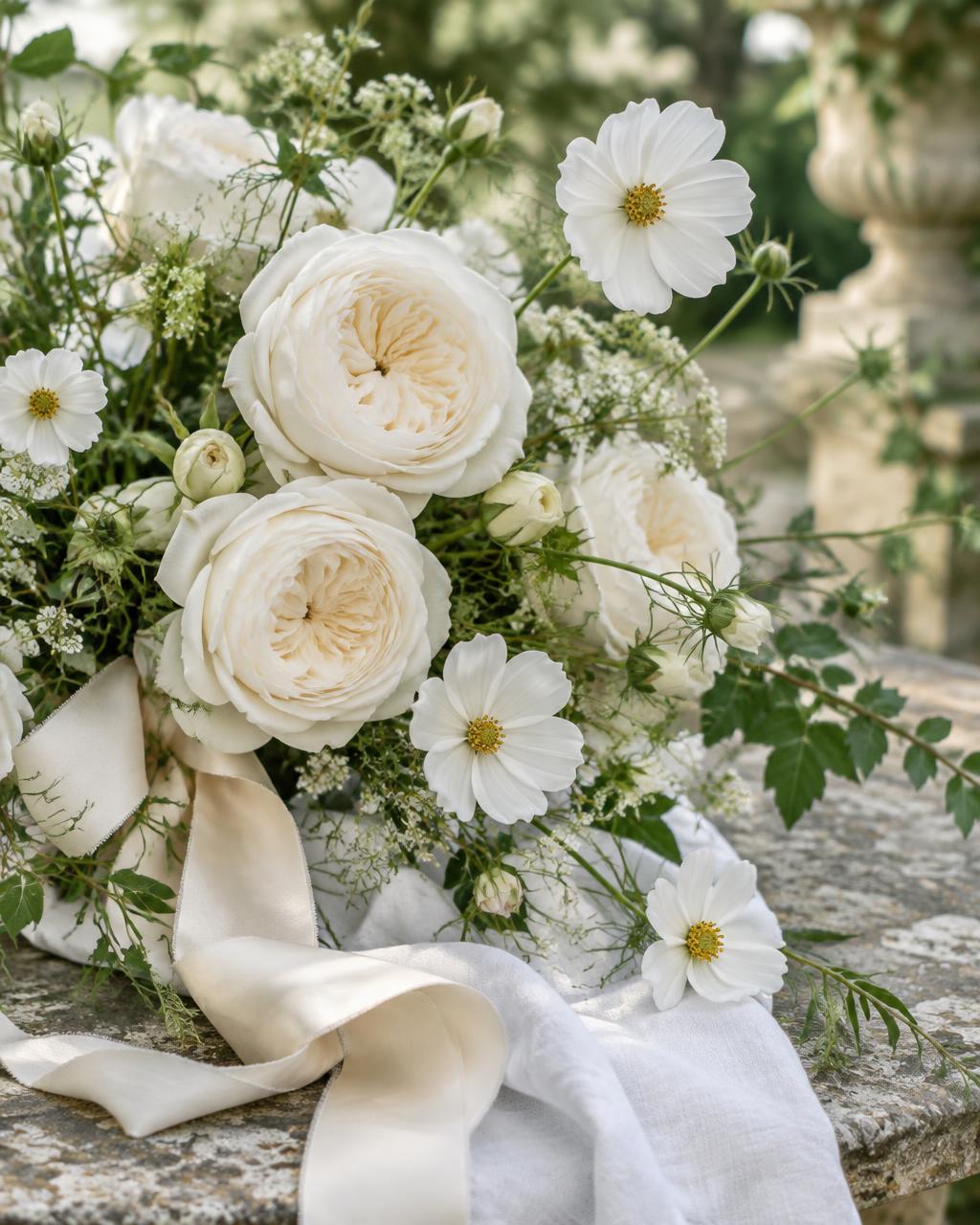 White garden roses and delicate wedding flowers